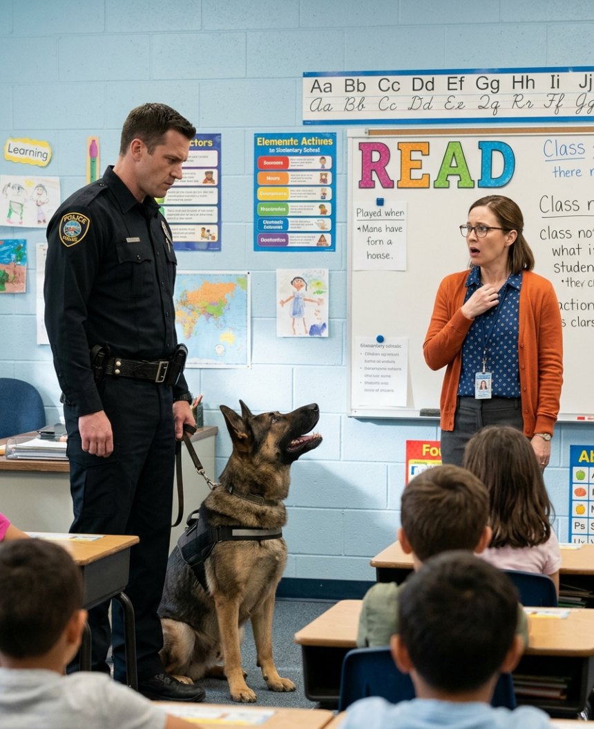 This image depicts a tense moment in what appears to be an elementary school classroom, featuring a police officer, a teacher, and a K9 unit. ### **Key Subjects** * **The Police Officer:** On the left, a man in a black police uniform stands tall, looking down with a stern, focused expression. He is holding the leash of a German Shepherd. * **The K9:** A large German Shepherd sits alertly between the officer and the teacher. It is looking upward toward the teacher with its mouth slightly open. * **The Teacher:** On the right, a woman with glasses and an orange cardigan over a blue shirt looks visibly shocked or alarmed. Her mouth is slightly open, and her posture is stiff as she looks toward the officer and the dog. * **The Students:** In the foreground, the backs of several children’s heads are visible as they sit at their desks, watching the interaction unfold. ### **The Setting** The background clearly establishes a **classroom environment**: * A whiteboard with the word **"READ"** written in large, colorful letters. * An alphabet strip running along the top of the wall. * Children's artwork or educational posters pinned to the cinderblock wall. --- ### **Visual Style & Context** The image has a highly polished, cinematic quality. The lighting is bright and even, but the dramatic facial expressions create a sense of high-stakes confrontation. It looks like it could be a still from a television drama or a high-resolution AI-generated scene depicting a surprise "drug sweep" or an unannounced K9 demonstration. Would you like me to help you create a story or a specific social media caption for this image?