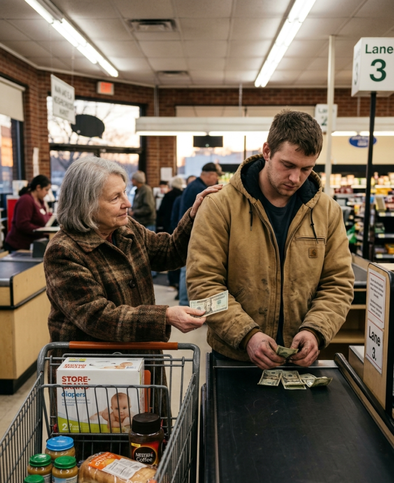 A young father stood frozen at the checkout, exactly twelve dollars short for his baby's diapers. Watching him prepare to put them back, I knew I had to tell a lie.