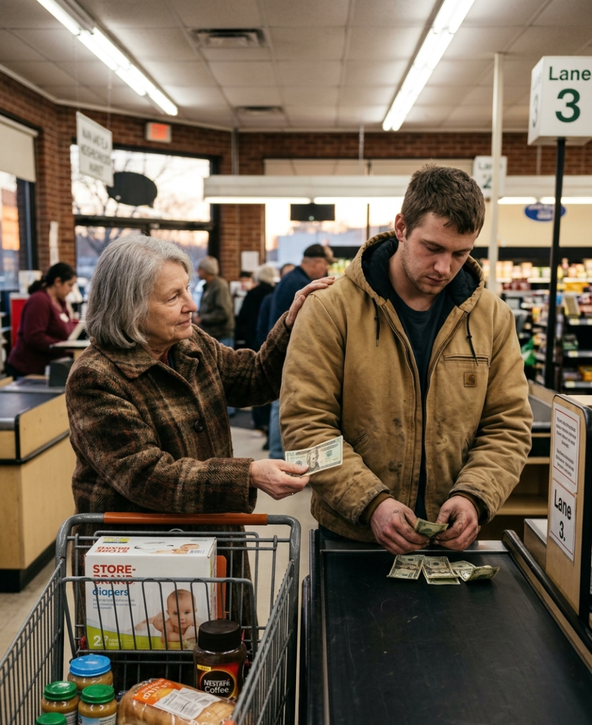 A young father stood frozen at the checkout, exactly twelve dollars short for his baby's diapers. Watching him prepare to put them back, I knew I had to tell a lie.
